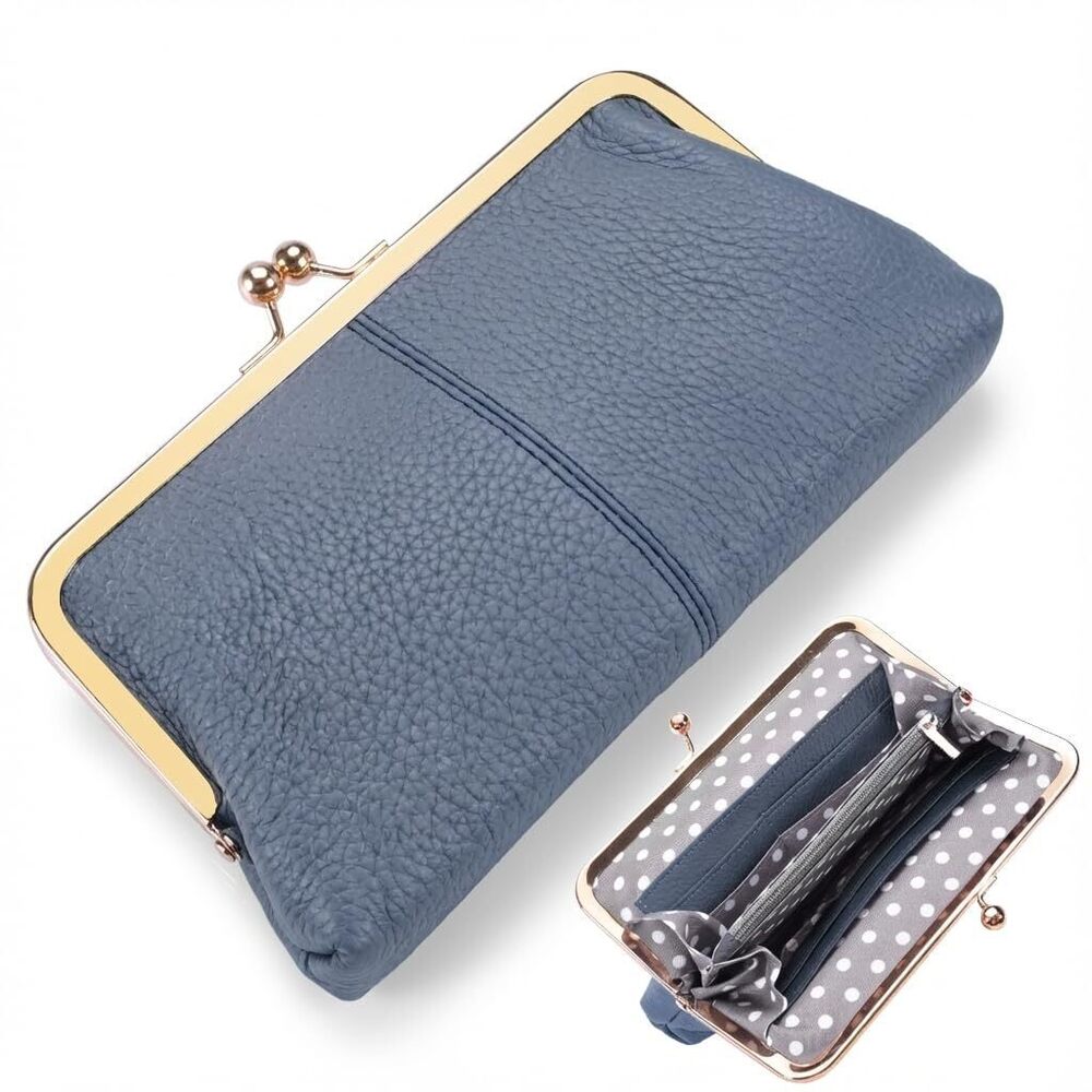 6484 Geninue Leather Wallet with RFID Blocking Clutch Kiss Lock - Picture 1 of 7